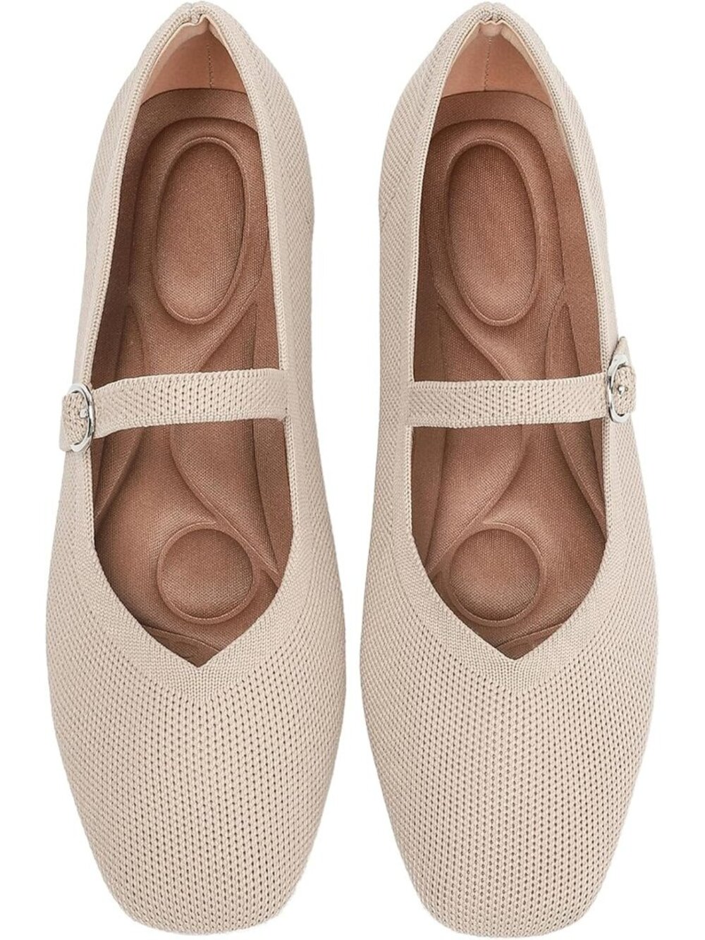🆕Women's Apricot Knit Mary Jane Ballet Flats Square Toe Comfort Dressy Shoes